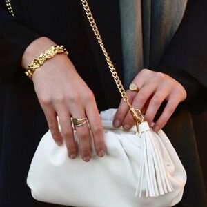 Understated Clutch Handbag Crossbody Bag Crescent Chain-Linked Leather White NWT